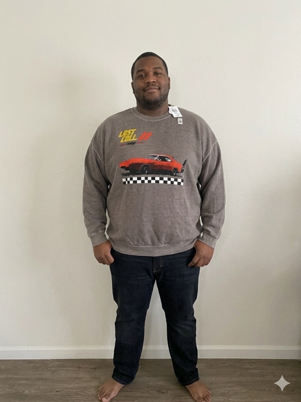 Gray Crewneck Sweatshirt with Red Car Graphic